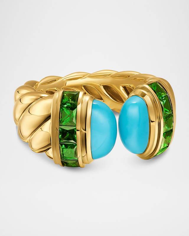 Sculpted Cable Open Cocktail Ring with Turquoise and Tsavorites in 18K Gold, 12mm